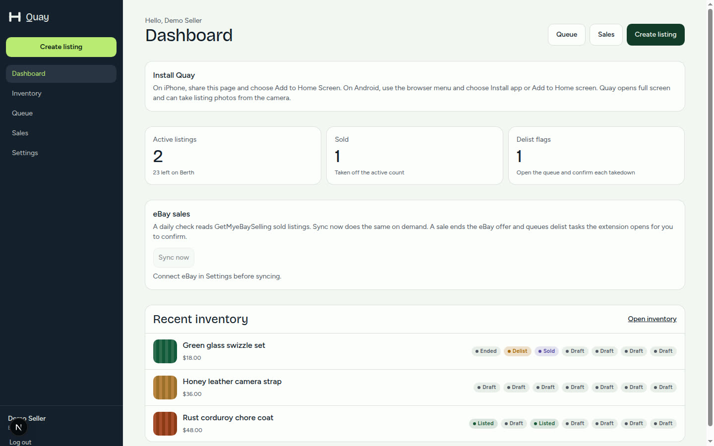 OneDrop dashboard with inventory totals and Sync now