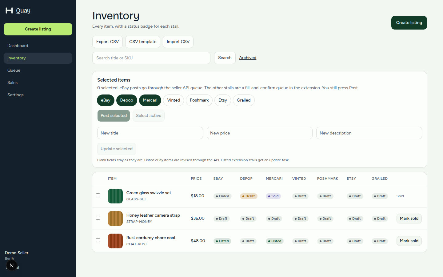 OneDrop inventory table with marketplace status and bulk actions