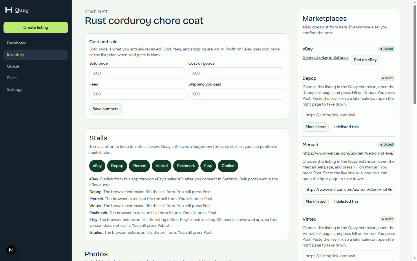 OneDrop listing form with photos, title, and the draft button